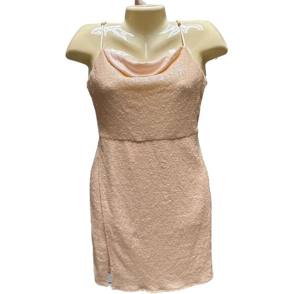 Lulu’s Start the Night Off Pink Cream Sequin Cowl Neck Bodycon Mini Dress S NWT - Picture 3 of 14